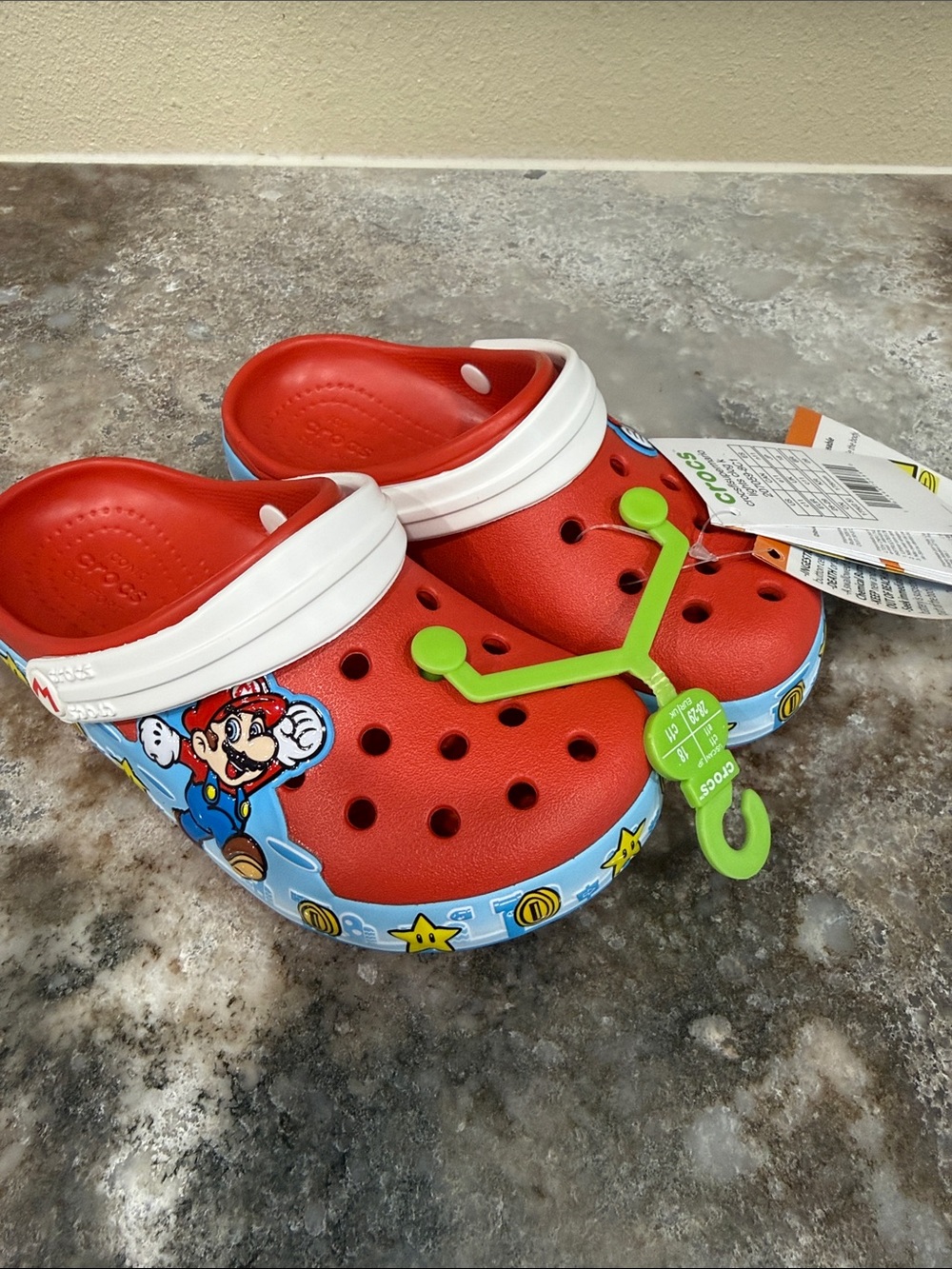 CROCS Kids Red Super Mario Clog with White Strap and Blue Graphic Trim